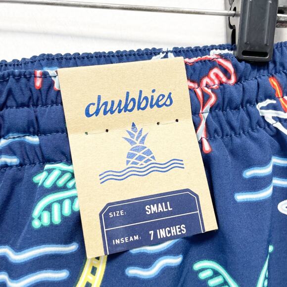 Chubbies The Neon Lights Classic 7" Swim Trunk Palm Tree Flamingo Blue Small - Picture 4 of 6